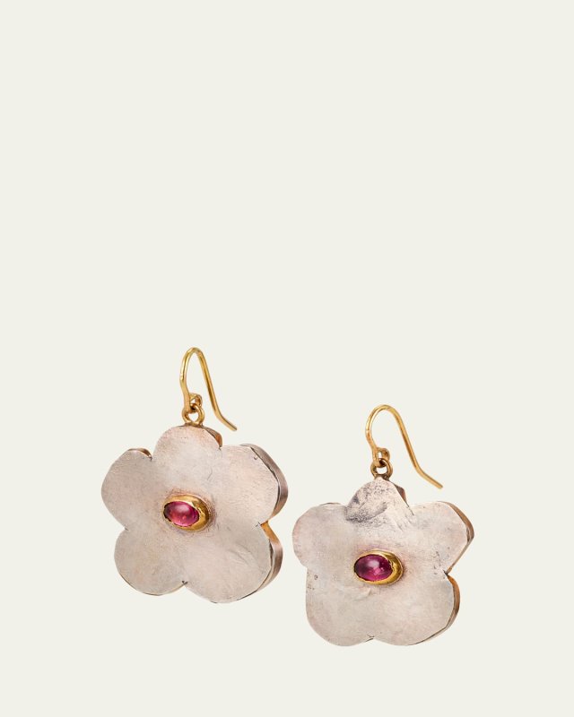 Silver Cherry Blossom Earrings with Pink Tourmaline Cabochons